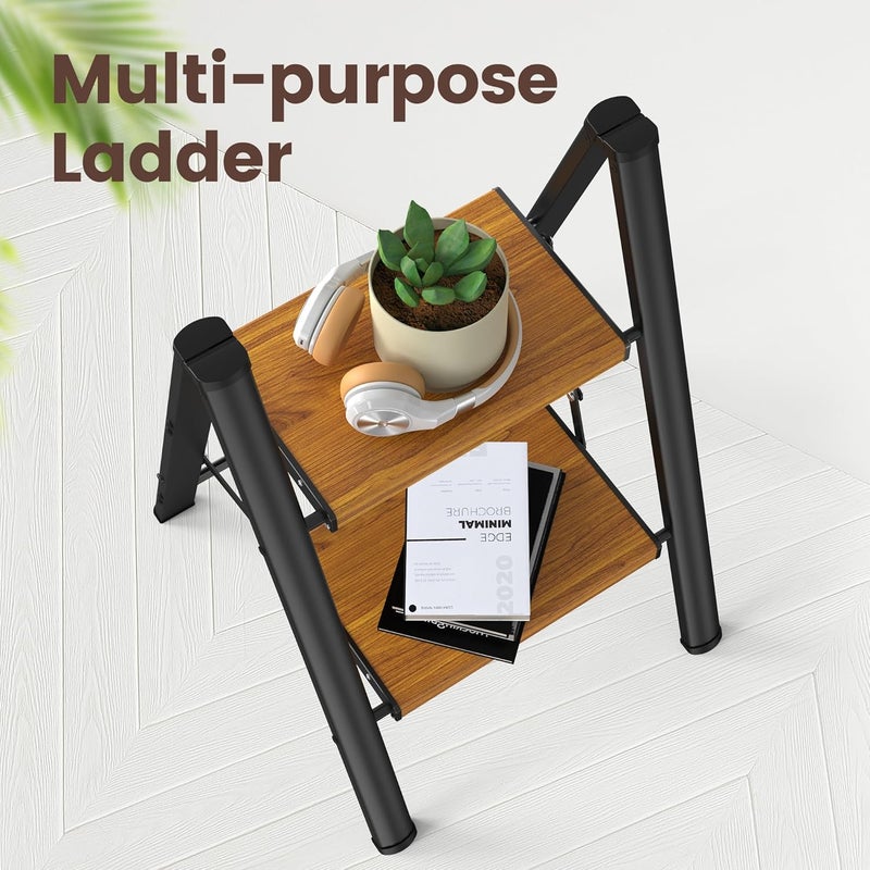 HBTower Step Ladder,Lightweight Aluminum Folding Step Stool with Anti-Slip Wide Pedal,330lbs Capacity Step Ladder for Household,Kitchen,Office - BlackWoodgrain - Image 3